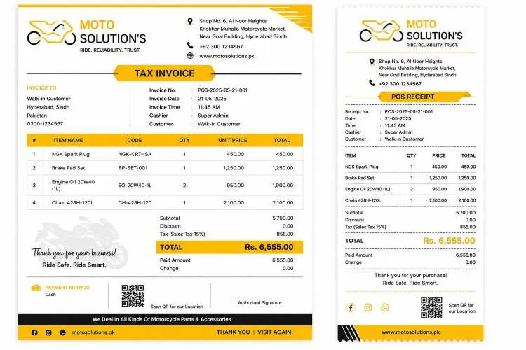 Moto Solution tax invoice and POS receipt